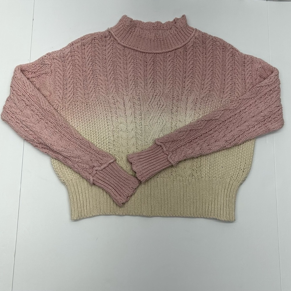 Anthropologie Pink and Cream Mock Neck Cable Knit Sweater XS COTTON